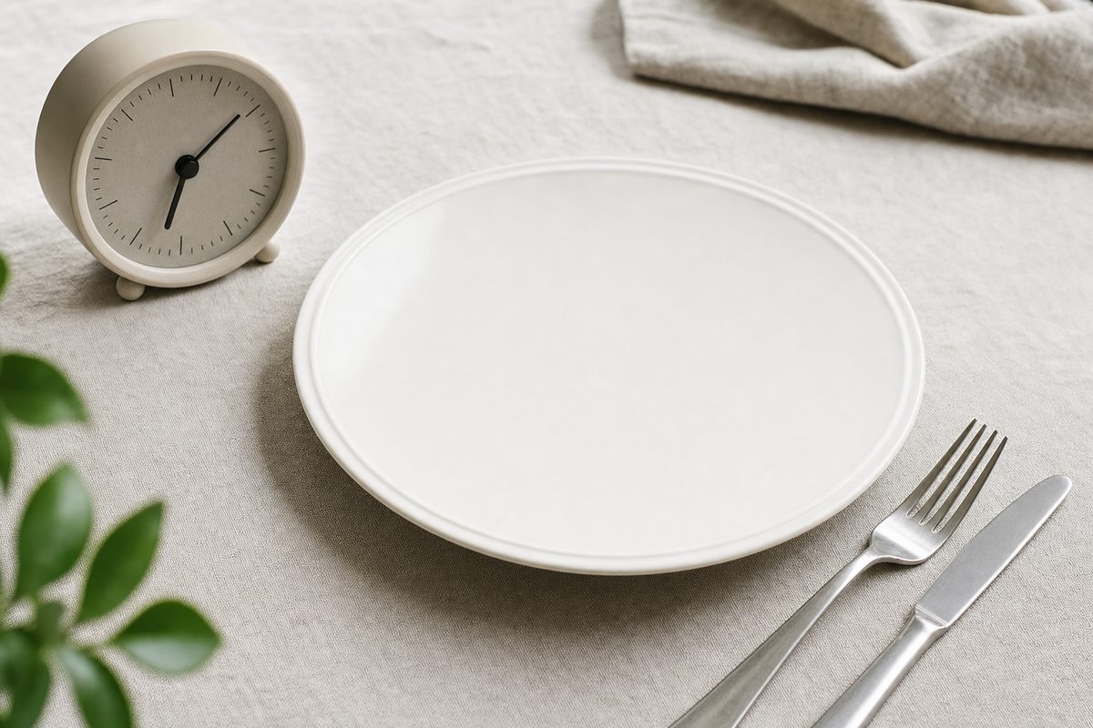 Empty white plate with cutlery on a linen tablecloth next to a small analog kitchen clock