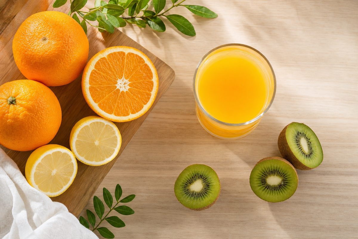 Fresh oranges, lemon halves and kiwi slices on a wooden table beside a glass of orange juice